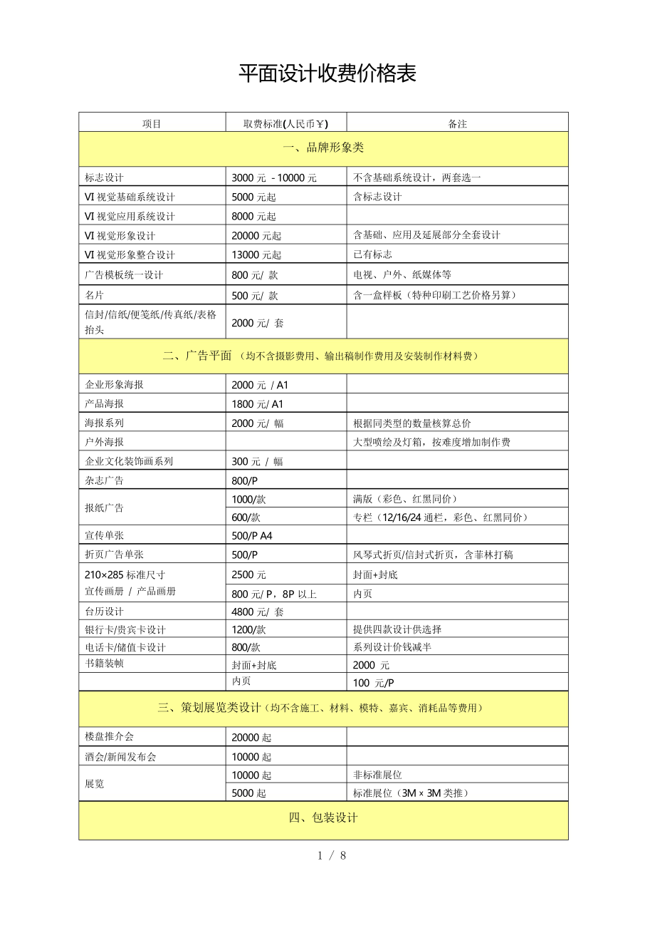 平面設(shè)計(jì)收費(fèi)價(jià)格表
